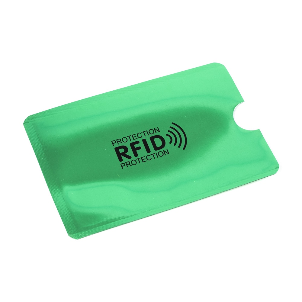 Green protection case for contactless cards blocking the RFID/NFC signal