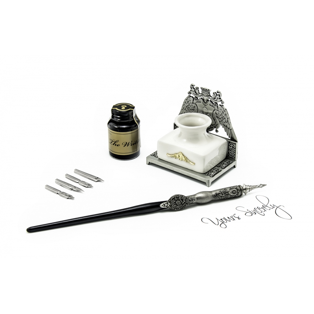 Luxury gift set - a calligraphic quill pen with a china inkwell
