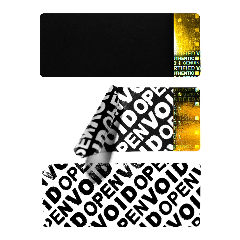 Licence (serial) VOID labels, black with golden hologram, 50 x 20 mm