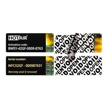 Licence (serial) VOID labels, black with golden hologram, 50 x 20 mm