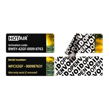 Licence (serial) VOID labels, black with golden hologram, 50 x 20 mm