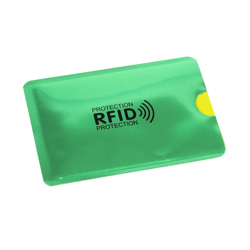 Green protection case for contactless cards blocking the RFID/NFC signal