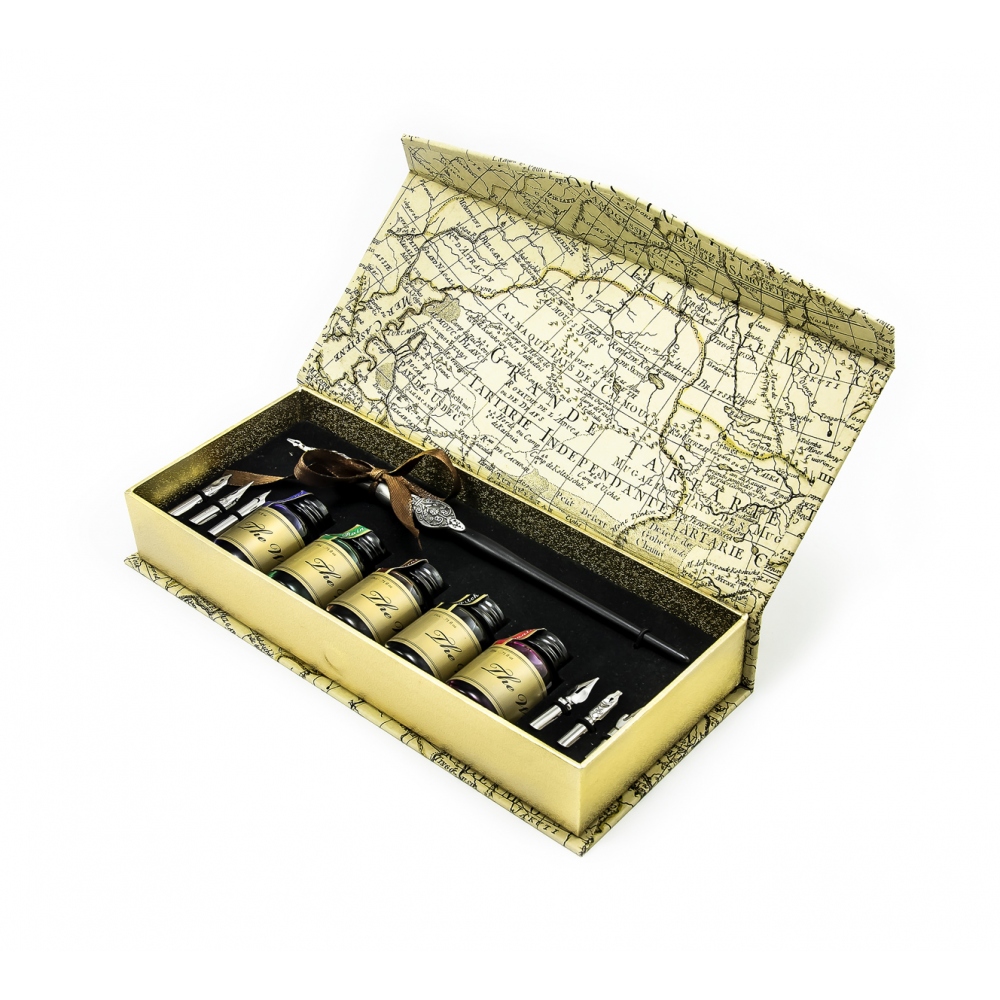 Calligraphic quill pen with a set of nibs and inks - a gift set