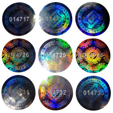 Numbered hologram stickers for tickets and passes, round design, 20 mm